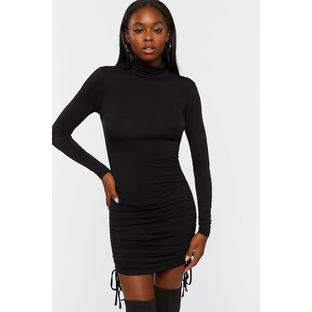 NWT FOREVER 21 Turtleneck Ruched Mini Dress Color Black Size‎ S